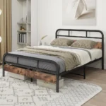 Bed Frame, 4ft6 with Wooden Headboard, Metal Platform/No Box Spring Needed/Reinforced Steel Slat Mattress Base