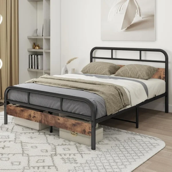 Bed Frame, 4ft6 with Wooden Headboard, Metal Platform/No Box Spring Needed/Reinforced Steel Slat Mattress Base