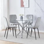 5Pcs Round Dining Table and Chairs Set 4 for Dining Room, Glass Dining Table with 4 Velvet Chairs