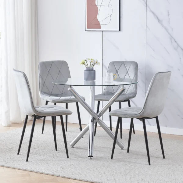 5Pcs Round Dining Table and Chairs Set 4 for Dining Room, Glass Dining Table with 4 Velvet Chairs