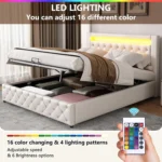 Upholstered Bed, Functional Bed with Slatted Frame and Storage Space LED Lighting in PU - Image 5