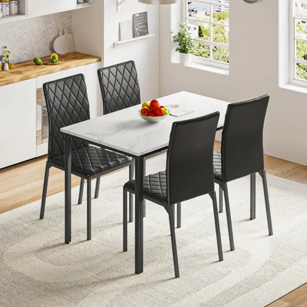 Dining Table and Chairs Set of 4, Modern Dining Table Set Kitchen Furniture, Marble Effect Dining Table with 4 PU Dining Chairs,