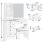Makeup Desk with 6 Drawers, Open Shelves, Vanity Desk with Sliding Mirror, Bedroom Dressing Table - Image 6