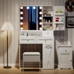 Dressing Table with Mirror and Stool, Vanity Table with LED Lights, Jewelry Hook & Ring Organiser - Image 2