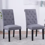 2x Grey Button Tufted High Back Dining Chairs Fabric Upholstered Room Kitchen