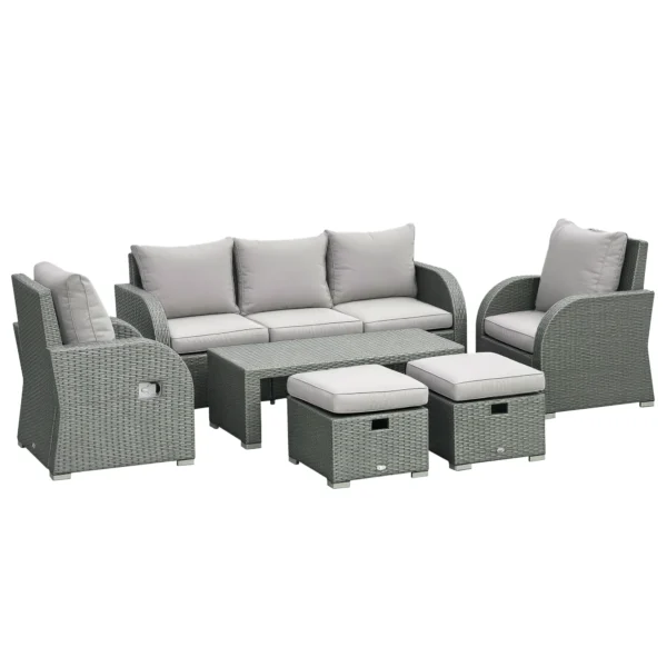 Outsunny Rattan Garden Sofa Set With 3 Seater Sofa, 2 Reclining Single Sofa, Coffee Table, Footstool