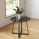 Modern tempered glass round dining table, tabletop Dia90x90cm, metal frame legs