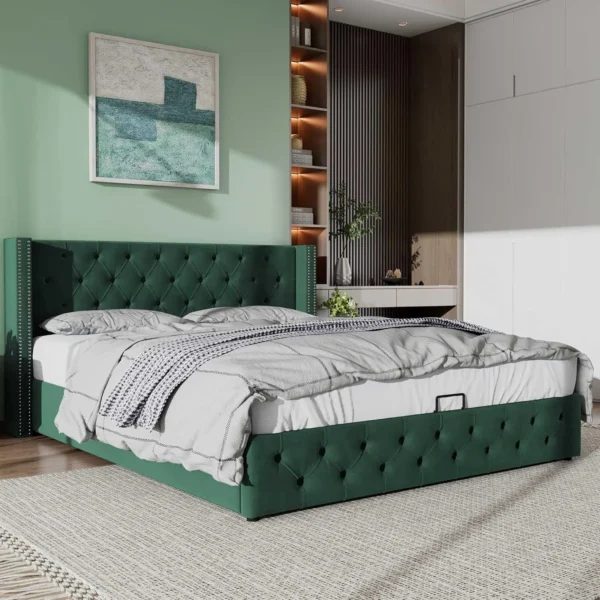 Upholstered Bed 135x190 with Hydraulic Lever Functional Bed from Storage Velvet (Green)