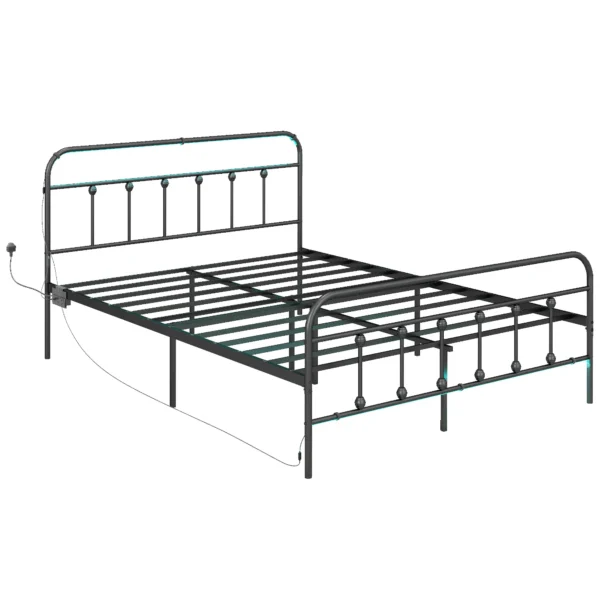 Double Bed Frame with LED Lights and Charging Station, Black