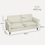 Modern 3 Seater Sofa for Living Room, Fabric Couch Settee, Cream - Image 3