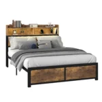 Wood Super King Bed Frame - LED Headboard with USB Ports, 2-Tier Shelves, Metal Platform