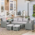 Outsunny Rattan Garden Sofa Set With 3 Seater Sofa, 2 Reclining Single Sofa, Coffee Table, Footstool - Image 3