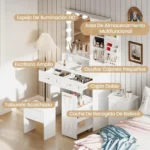 Dressing Table with Mirror and Stool, Vanity Table with LED Lights, Jewelry Hook & Ring Organiser - Image 3