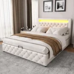 Upholstered Bed, Functional Bed with Slatted Frame and Storage Space LED Lighting in PU