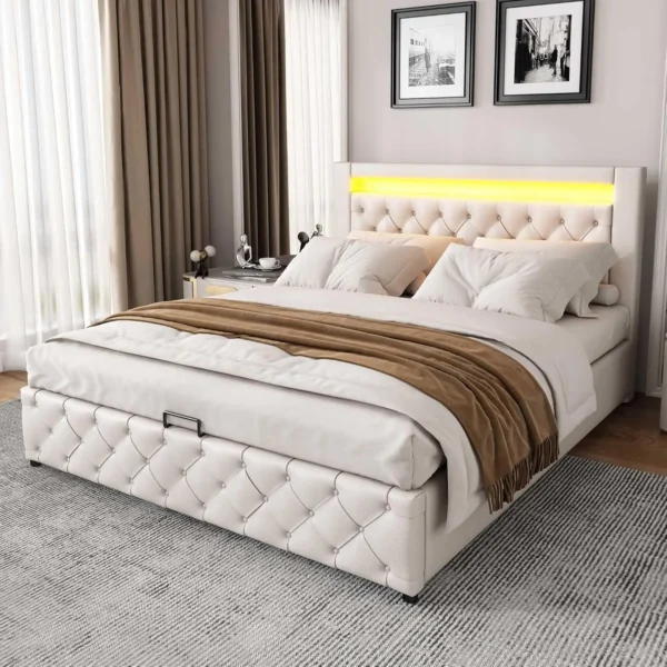Upholstered Bed, Functional Bed with Slatted Frame and Storage Space LED Lighting in PU