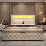 Upholstered Bed, Functional Bed with Slatted Frame and Storage Space LED Lighting in Different Colors PU - Image 3