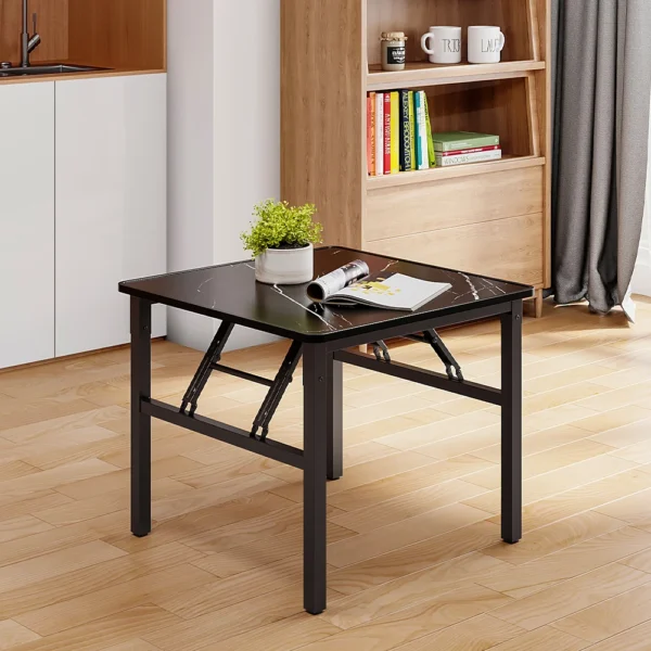 Premium Black Marble Texture Square Folding Coffee Table, Kitchen Dining Table with Metal Frame