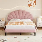 4ft6 Double Upholstered Velvet Bed 90x190cm, with Adjustable Petal Headboard