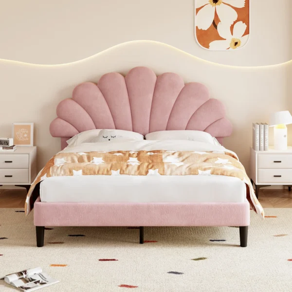 4ft6 Double Upholstered Velvet Bed 90x190cm, with Adjustable Petal Headboard