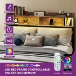 Wood Super King Bed Frame - LED Headboard with USB Ports, 2-Tier Shelves, Metal Platform - Image 3