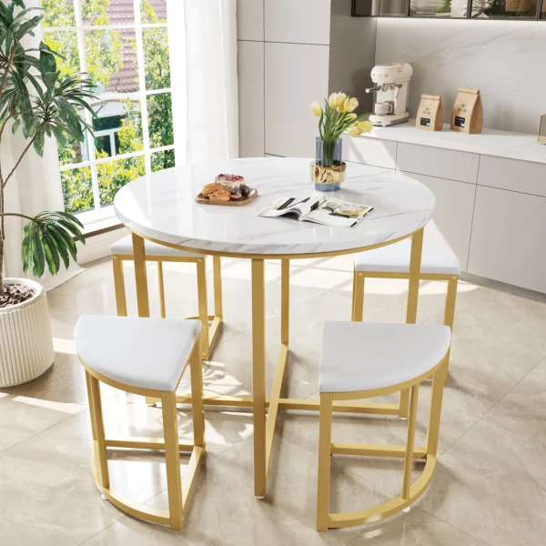 Modern Round Marble Dining Table Set with 4 Space-Saving Semi-Circular Stool
