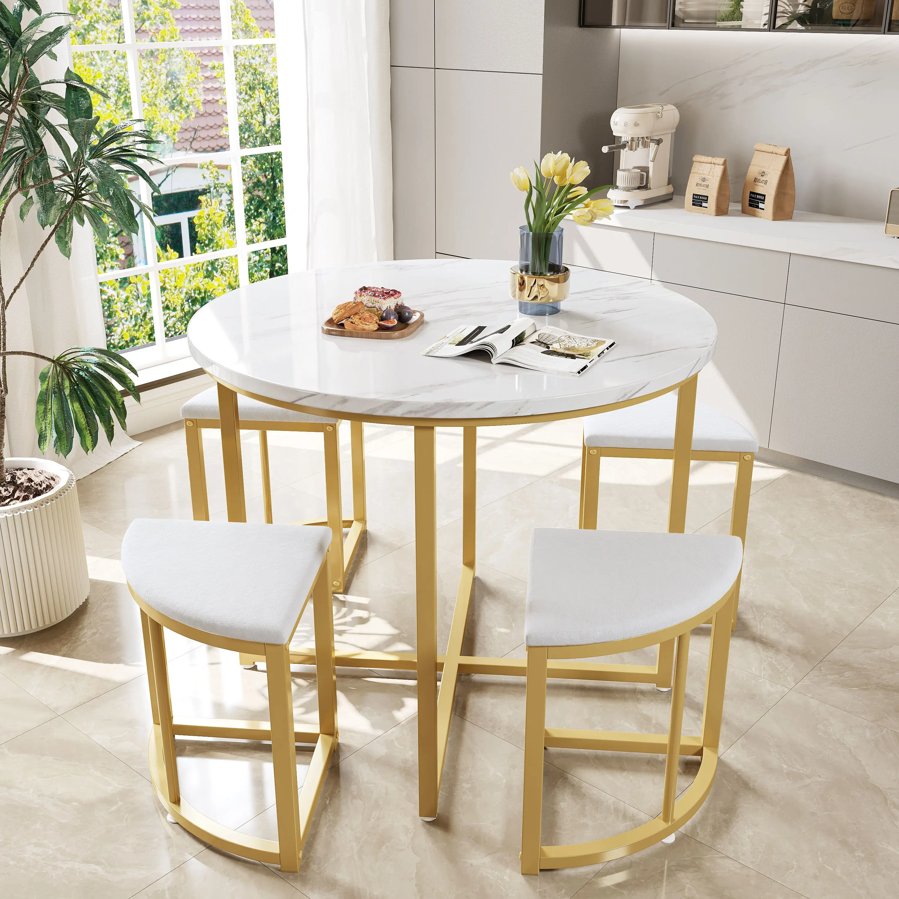 kf-S60282b743daa435d8c1e00c56be08512z Modern Round Marble Dining Table Set with 4 Space-Saving Semi-Circular Stool - Image 1