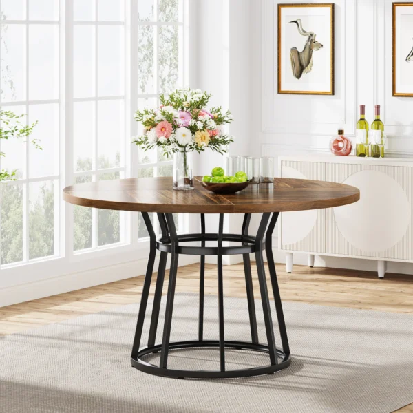 Round Dining Table for 4 People, Circle Dining Room Table with Metal Base