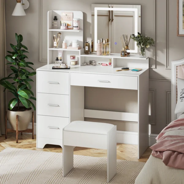 Dressing Table with Stool - 5 Shelves and 4 Drawers, Touch Screen Makeup Mirror