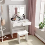 White Dressing Table Set with Hollywood LED Lights Mirror, Vanity Makeup Table 2 Large Drawers and Stool - Image 3