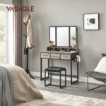 Dressing table with 3-piece folding mirror, hair dryer holder, cosmetic table with padded stool - Image 2