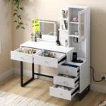 Dressing Table - Makeup Vanity with Side Cabinet, LED Light & Power Outlet