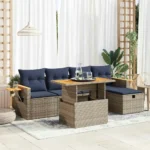 6 Piece Outdoor Sofa Set with Cushions Grey Rattan and Acacia Wood Garden Furniture
