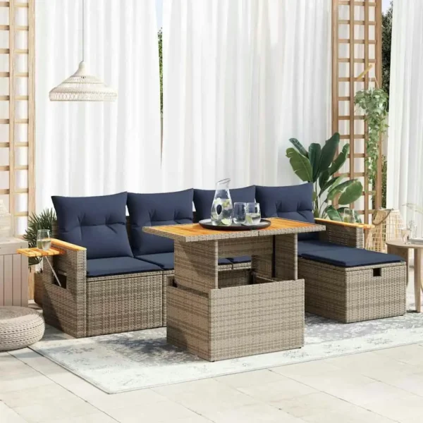 6 Piece Outdoor Sofa Set with Cushions Grey Rattan and Acacia Wood Garden Furniture