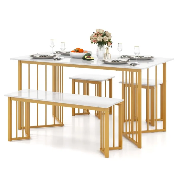 4 Piece Dining Table Set Rectangular Kitchen Table with Bench & 2 Stools