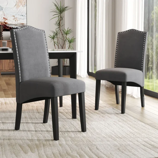 Set of 2 Grey Velvet High Back Dinning Chairs for Dining Room Bedroom Kitchen,Rubber wood Legs Home Dining Chairs