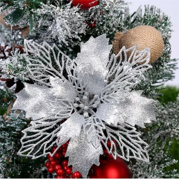 5pcs/lot Glitter Artificial Flowers Christmas Tree Ornaments Simulation Flower Decor for Home