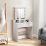 Bedroom Makeup Dressing Table with Lighted and Mirror，Multifunctional Vanity Makeup Desk with Drawers