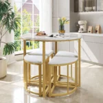 Modern Round Marble Dining Table Set with 4 Space-Saving Semi-Circular Stool - Image 3