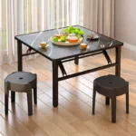 Premium Black Marble Texture Square Folding Coffee Table, Kitchen Dining Table with Metal Frame - Image 4