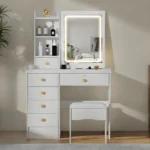 Vanity Table with Adjustable 3 Color LED Sliding Lighted Mirror, Dressing Table Set with 6 Drawers