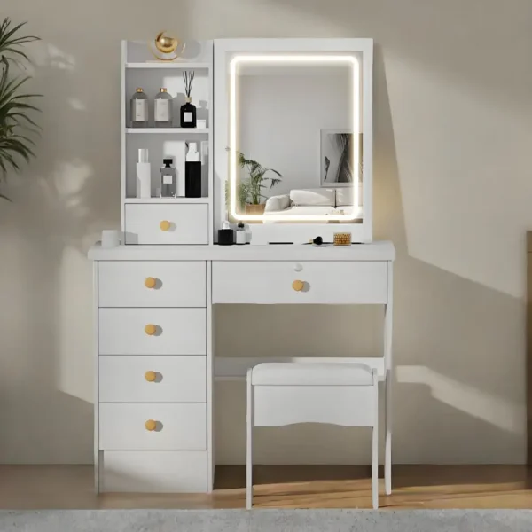 Vanity Table with Adjustable 3 Color LED Sliding Lighted Mirror, Dressing Table Set with 6 Drawers