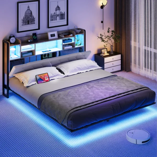 Super King Bed - LED Headboard, USB Charging & Storage Shelves, Wood Color