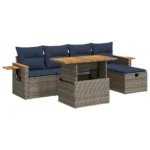6 Piece Outdoor Sofa Set with Cushions Grey Rattan and Acacia Wood Garden Furniture - Image 2