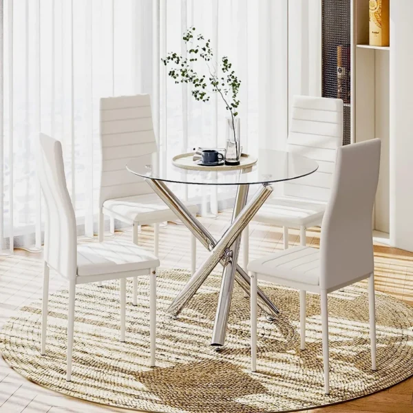 Dining Table and Chairs Set of 4, High Back PU Leather Chair with Glass Chrome Leg Table, Kitchen Furniture