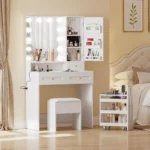 Dressing Table with Mirror and Stool, Vanity Table with LED Lights, Jewelry Hook & Ring Organiser