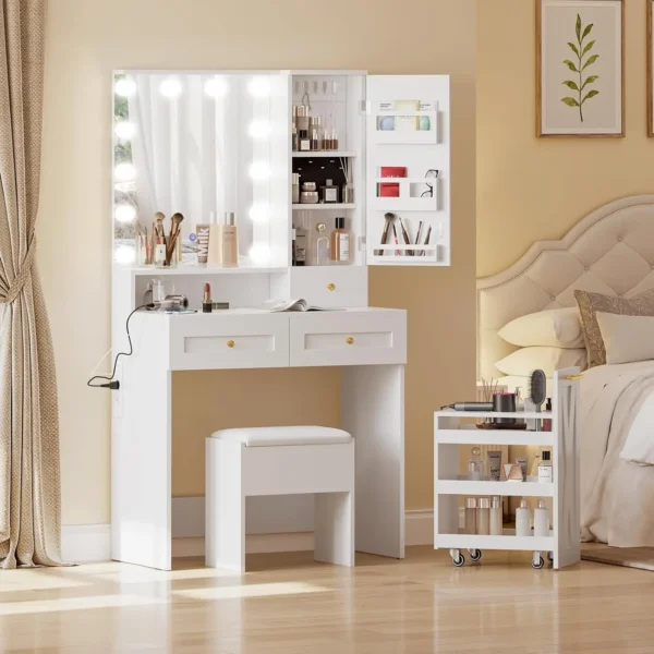 Dressing Table with Mirror and Stool, Vanity Table with LED Lights, Jewelry Hook & Ring Organiser