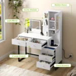 Dressing Table - Makeup Vanity with Side Cabinet, LED Light & Power Outlet - Image 5