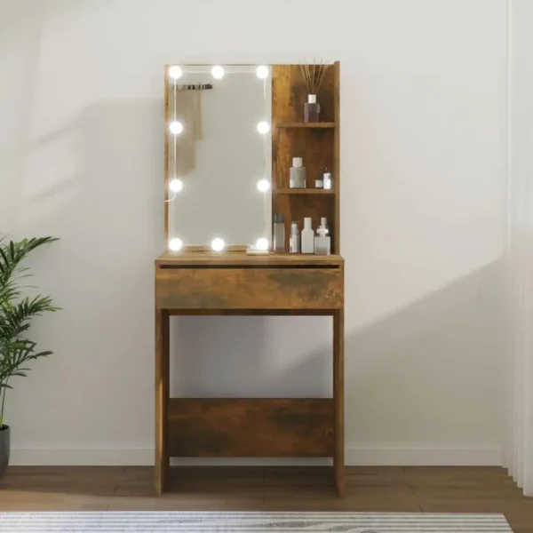 Stylish LED Dressing Table in Smoked Oak Finish with Large Mirror and Ample Storage