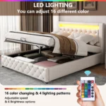 Upholstered Bed, Functional Bed with Slatted Frame and Storage Space LED Lighting in Different Colors PU - Image 4