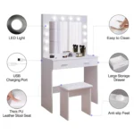 White Dressing Table Set with Hollywood LED Lights Mirror, Vanity Makeup Table 2 Large Drawers and Stool - Image 4